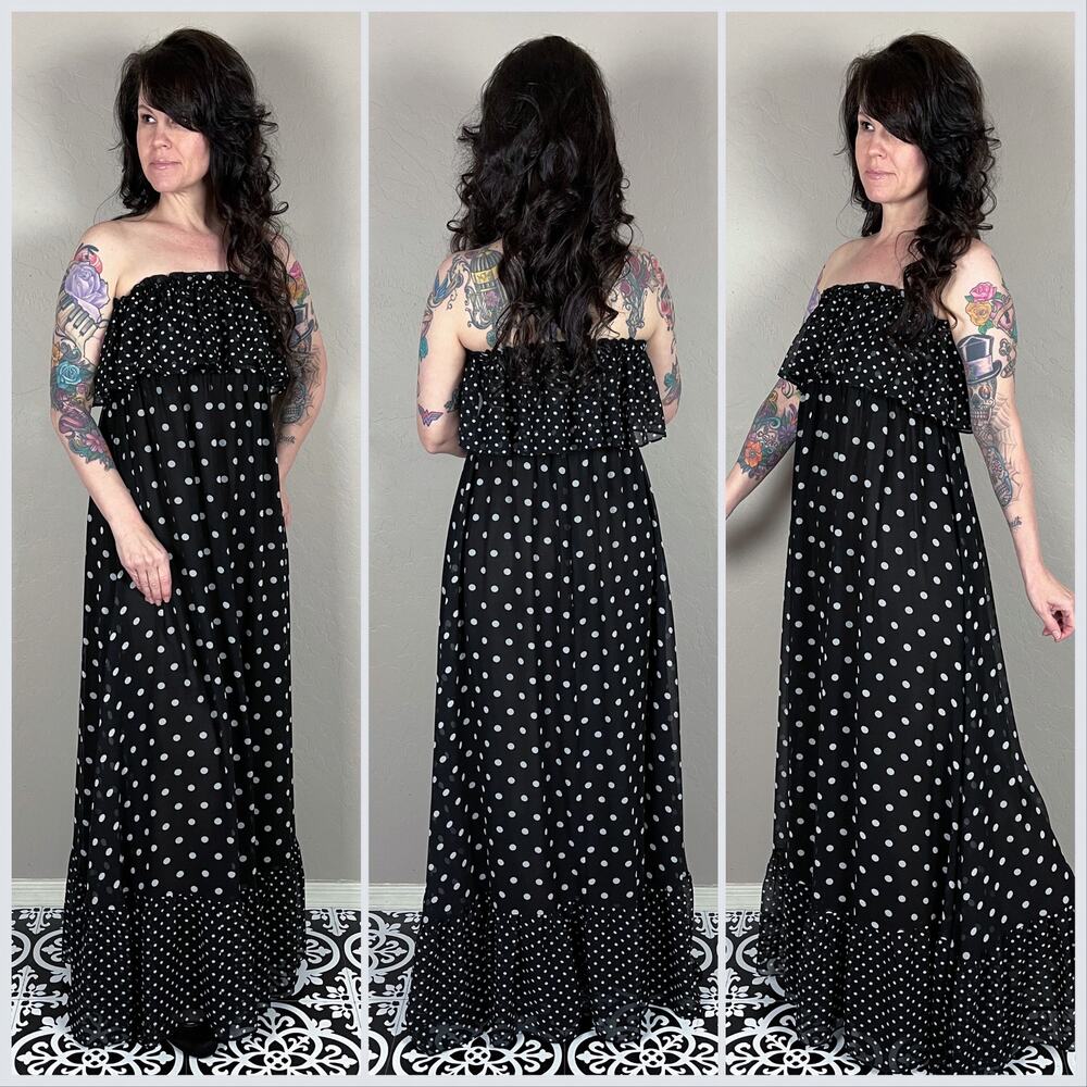 Vintage Y2K Black and White Polka Dot Strapless Ruffle Chiffon Maxi Dress - Picture 3 of 8